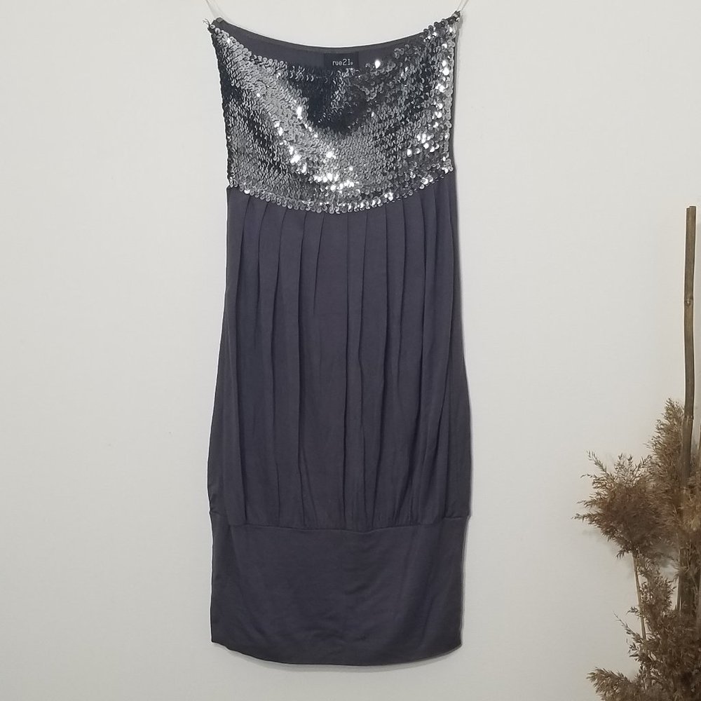 Rue21 Vintage Gray Strapless Sequined Y2K Tube Dress Size Small